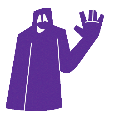 Purple person waving at viewer